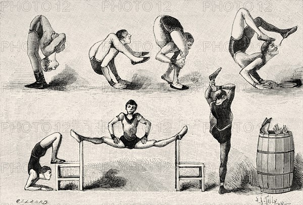 Various dislocation exercises performed by circus acrobats. Old 19th century engraved illustration from La Nature 1885