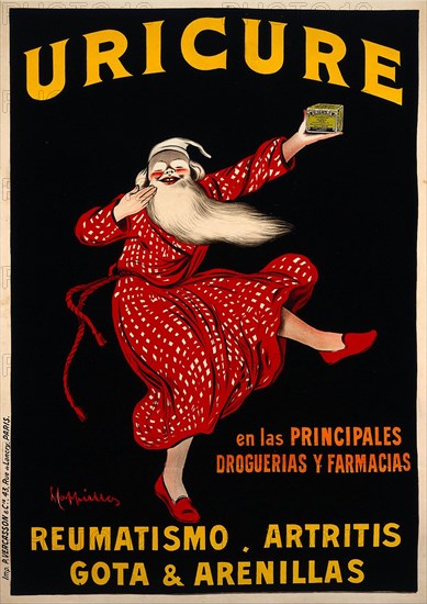 An old man in night clothes holding up a box of "Uricure" pills as an advertisement for their efficacy against rheumatic diseases. Colored lithograph by Leonetto Cappiello, c. 1910.