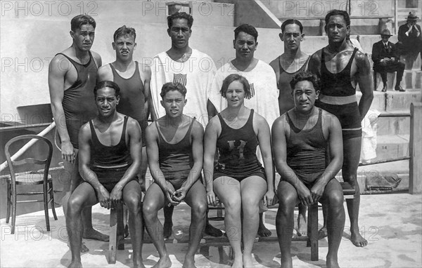 Hawaiian swim team at the 1924 Summer Olympics in Paris, France. Duke Kahanamoku, the Father of Modern Surfing, was a contestant (along with two of his brothers) and took silver in the 100-meter freestyle. Pictured (left to right) are: Front Row - Sam Kahanamoku, Charlie Pung, Mariechen Wehselau and Pua Kealoha. Back row - Henry Luning, Bill Kirschbaum, Duke Kahanamoku, Warren Kealoha, William Harris and David Kahanamoku.