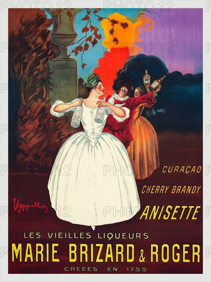 A turn of the 20th century advertising poster by Leonetto Cappiello (1875-1942), showing three French people holding bottles of liqueurs made by Marie Brizard and Roger including curacao, anisette and cherry brandy.