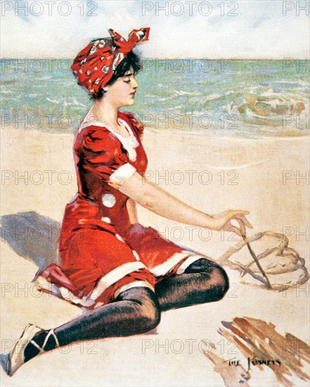 1910s WOMAN SITTING ON BEACH DRAWING DOUBLE HEARTS IN SAND WEARING FASHIONABLE RED BATHING COSTUME ILLUSTRATION BY THE KINNEYS - kr132314 NAW001 HARS DOUBLE JOY LIFESTYLE OCEAN FEMALES COPY SPACE FULL-LENGTH LADIES PERSONS CARING BRUNETTE TIME OFF SHORE DREAMS HIGH ANGLE STYLES HEARTS TRIP GETAWAY DREAMING RECREATION HOPEFUL ANTICIPATION BEACHES HOLIDAYS CONCEPTUAL SANDY STYLISH WISHFUL BATHING SUIT PERSONAL ATTACHMENT AFFECTION EMOTION FASHIONS KINNEYS SWIMMING SUIT VACATIONS YOUNG ADULT WOMAN CAUCASIAN ETHNICITY OLD FASHIONED