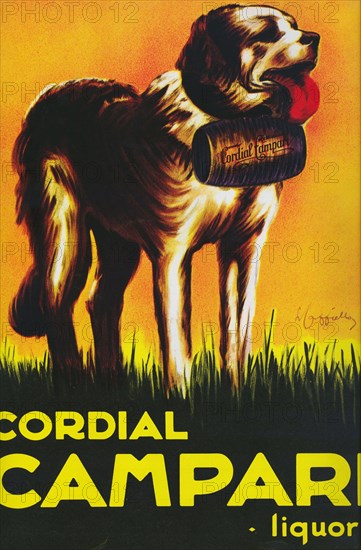 1940's , Italy : The italian drink industry CAMPARI advertising for the  successfull Cordial Liquor . Illustration by LEONETTO CAPPIELLO ( 1875 - 1942 ). - anni 40 - '40 - 40's - poster pubblicitario - industria - manifesto - cartellone - pubblicità  - illustrazione - illustratore  - cane San Bernardo ----  Archivio GBB