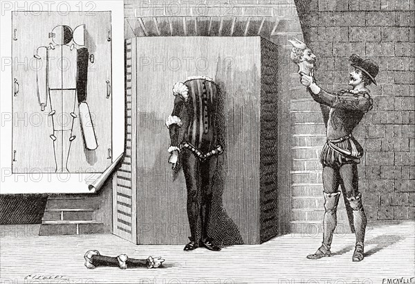 Mending a man cut into pieces, trick of the fairy tale Les Pilules du diable at the Chatelet theater in Paris, France. Old 19th century engraved illustration from La Nature 1890