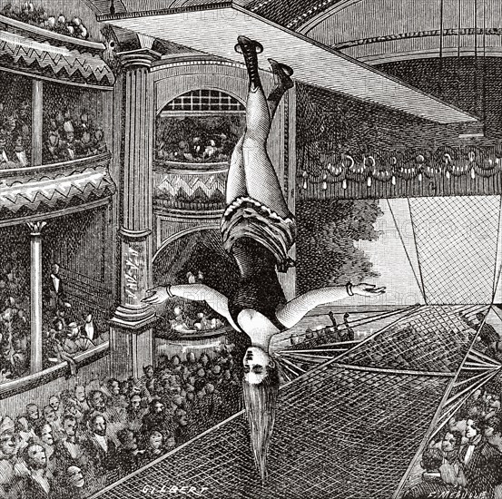 The walk on the roof performed in a circus by an  American acrobat using pneumatic roller skates. Old 19th century engraved illustration from La Nature 1890