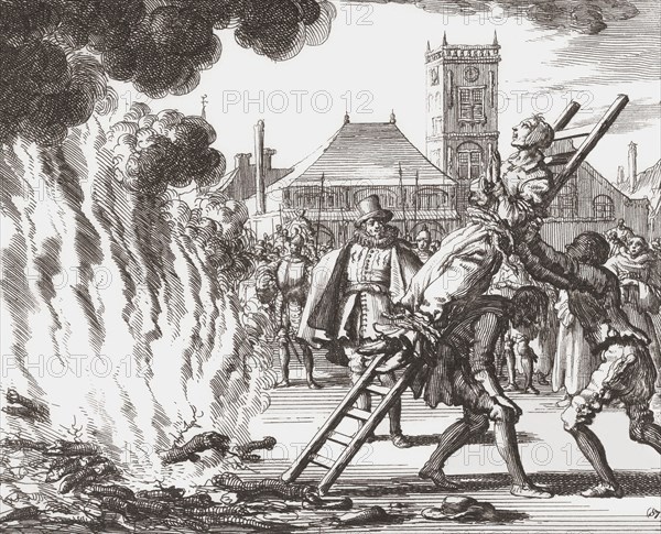 A witch condemned to be burned alive in 16th century Holland.  After a 17th century work by Jan Luyken.
