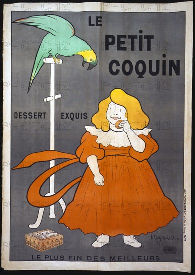 1900 ca , Paris , FRANCE  : The Biscuits LE PETIT COQUIN Dessert Exquis , poster advertising by the celebrated illustrator painter  LEONETTO CAPPIELLO ( 1875 - 1942 ) - FOTO STORICHE - HISTORY - ARTS - ARTE - PITTURA  - PITTORE - artist - artista - portrait - ritratto - BELLE EPOQUE  - litografia - manifesto pubblicitario - pubblicity - pubblicita' - biscotto - biscotti - gostronomia - champagne - ILLUSTRATORE - ILLUSTRAZIONE - bambina - baby - child - children - bambini - pappagallo - parroquet   ----      ARCHIVIO GBB