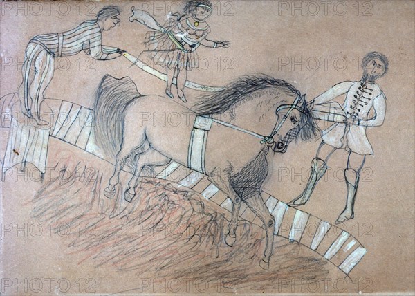Historic drawing by American Indian of circus performers