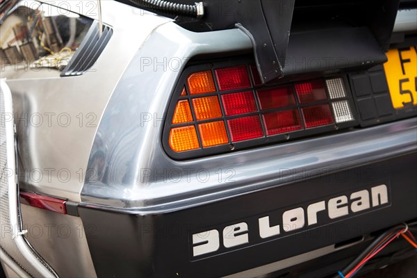 Detail of the famous car used in the hit American movie Back to the Future. The car was a modified silver De Lorean