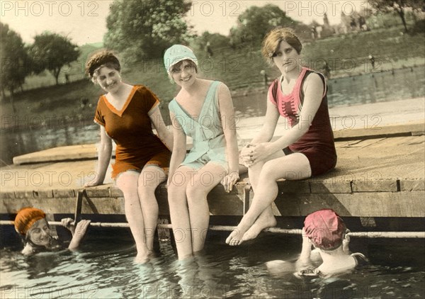 Five Jazz Age Bathing Beauties by a Dock