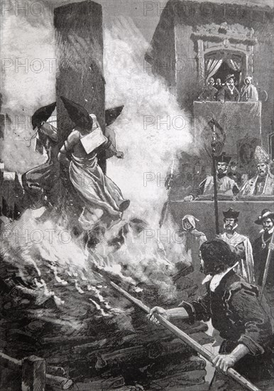 Burning Heretics, Apostates, Witches or Unbelievers at the Stake during the Spanish Inquisition Spain. Vintage Illustration or Engraving