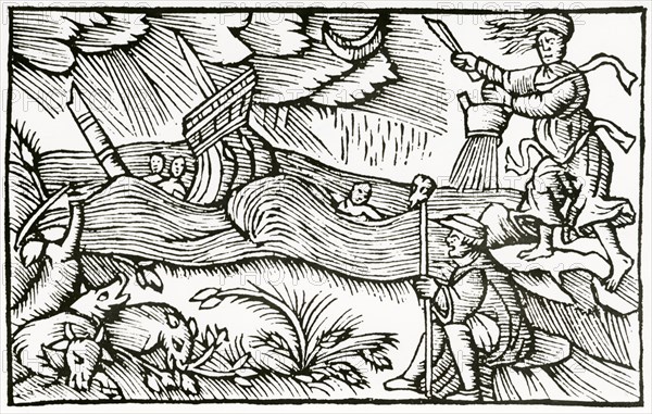 Witch raising a storm which is wrecking a ship and drowning sailors. Woodcut from Historia de gentibus septentrionalibus, Antwerp, 1562, by Olaus Magnus.