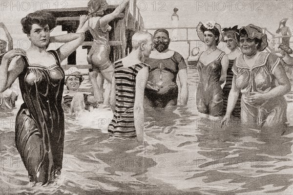 Men's and women's 19th century bathing costumes