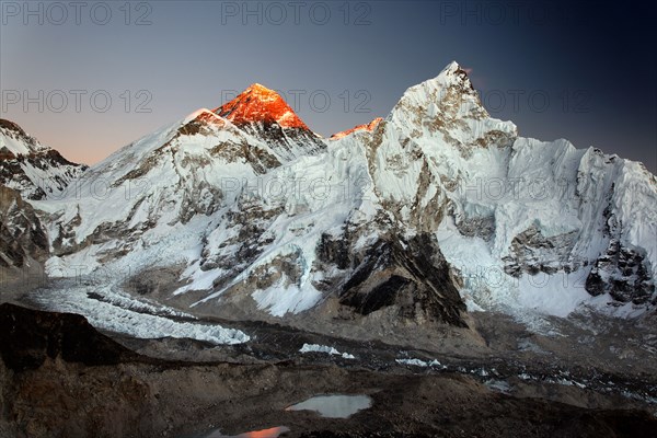 Last light on Mount Everest and Nuptse, seen from Kala Patthar in the Nepal Himalaya