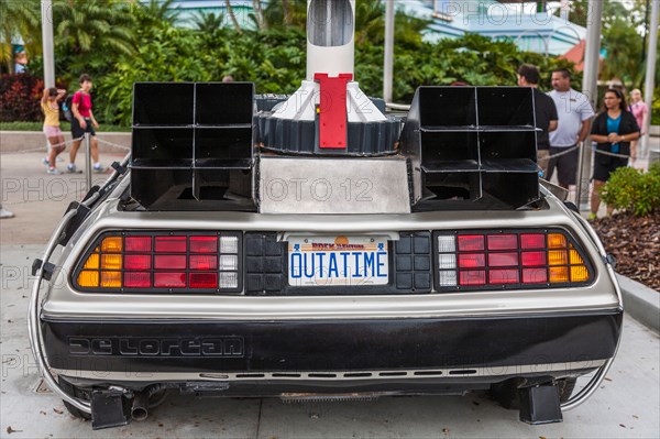 License plate on car from Back To The Future movies reads OUTATIME at Universal Studios theme park in Orlando, Florida