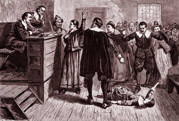 Engraving depicts witchcraft trial. Mary Walcott (1675-1720) is shown here as a witness. Dated 1876