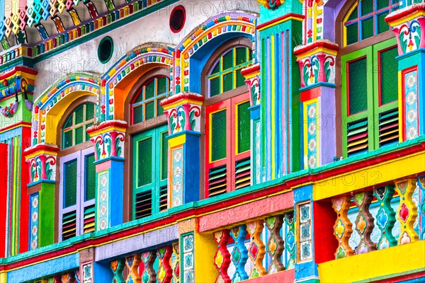 Colorful facade of building in Little India, Singapore