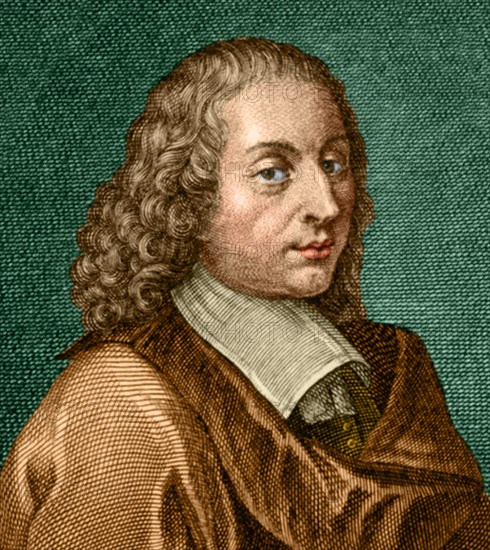 Color enhanced portrait of Blaise Pascal (1623-1662), a French mathematician, physicist, inventor, writer, Catholic philosopher and child prodigy. He made important contributions to the study of fluids, and clarified the concepts of pressure and vacuum. W