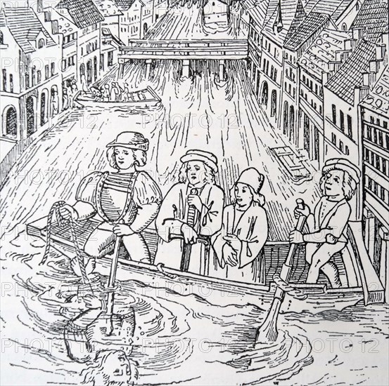Woodblock print depicting drowning as a form of punishment during 15th Century  Switzerland. Dated 15th Century