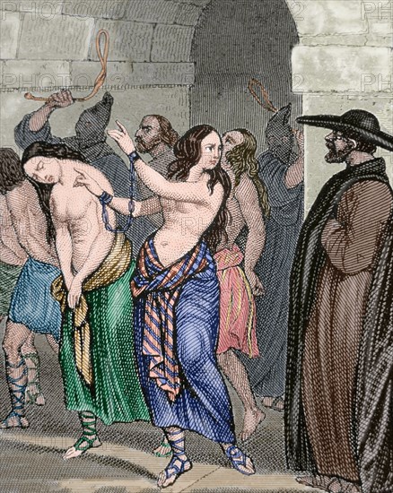 Middle Ages. Women accused of witchcraft leading to prison. Engraving, 19th century. Colored.