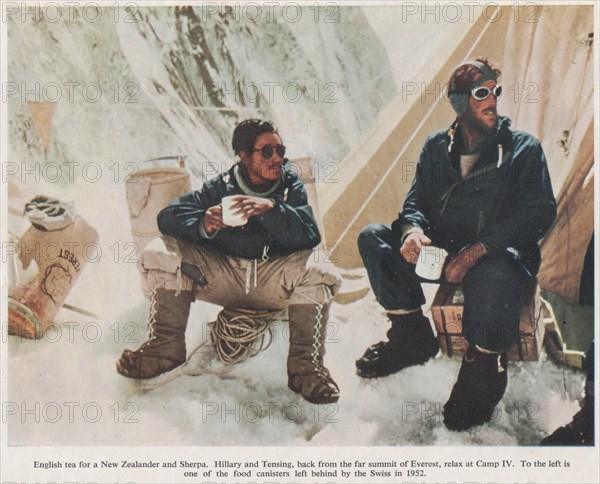 Photo of Sir Edmund Hilary and Sherpa Tenzing Norgay in camp IV during the 1953 Everest Expedition and the succesful summit on 29 May 1953.Scanned photo from The Times Everest supplement published 1953