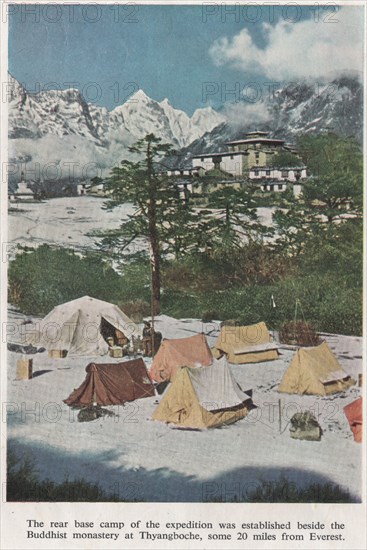 Photo of the base camp of the 1953 Everest Expedition during  the succesful summit of Mount Everest by Sir Edmund Hilary and Sherpa Tenzing Norgay on 29 May 1953.
from The Times Everest supplement published 1953