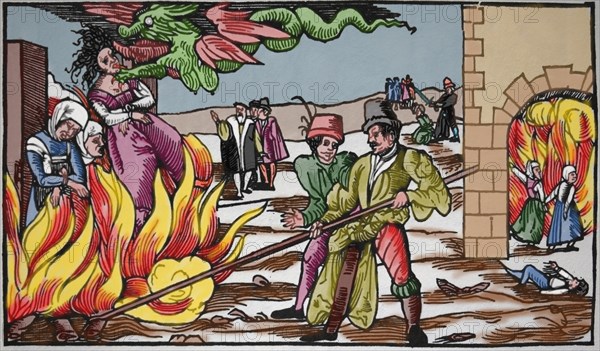 Broadside newsletter about the public burning of 3 witches at Derneburg, 1555. Engraving.