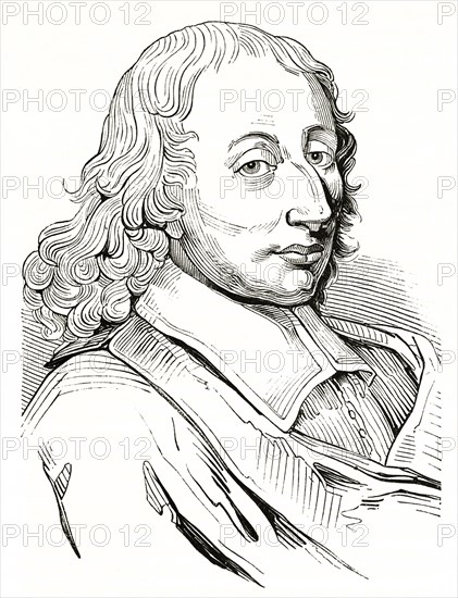 Ancient bust minimal outlined portrait of Blaise Pascal (1623-1662) French mathematician physicist and Christian philosopher. By unidentified author published on Magasin Pittoresque Paris 1839