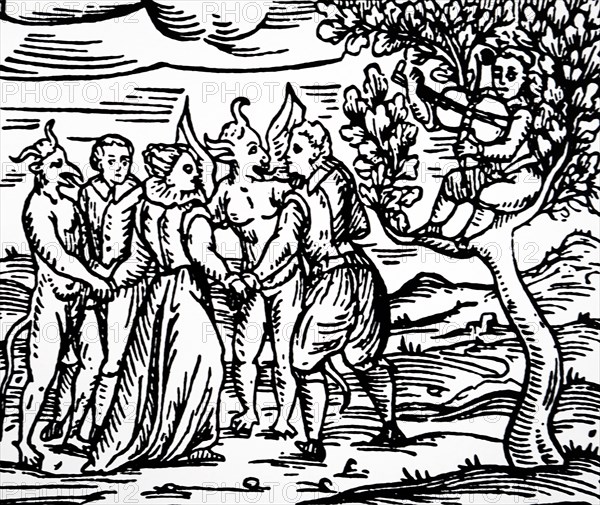 Woodcut print depicting practitioners of witchcraft dancing with demons. Dated 14th Century