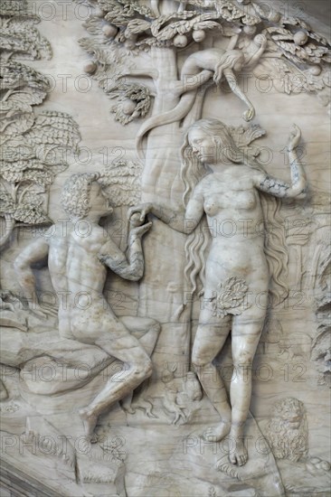 Adam and Eve. Renaissance relief on the Alabasterkanzel (Alabaster pulpit) in the Magdeburg Cathedral in Magdeburg, Saxony-Anhalt, Germany. The Alabaster pulpit was carved by German sculptor Christoph Kapup between 1595 and 1597.