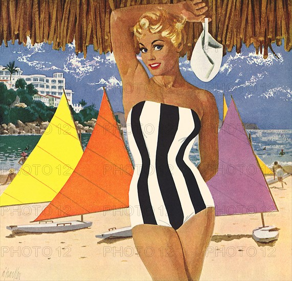Woman in Bathing Suit on Beach