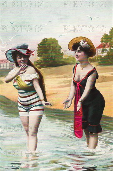 Vintage illustration of two girl friends having summer fun in the sea water. They are wearing