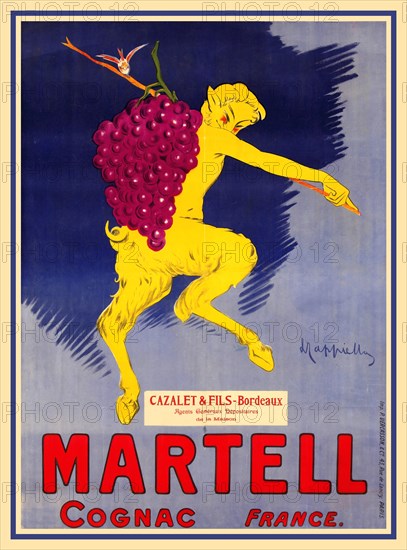 Vintage Cappiello Poster 1905 for French Cognac Martell France Agents Cazalet & Fils-Bordeaux Vertical French wine and spirits poster featuring a yellow satyr (half man/ half goat) carrying a bunch of grapes Historic Vintage Drink Drinks Alcohol Spirits Advertising