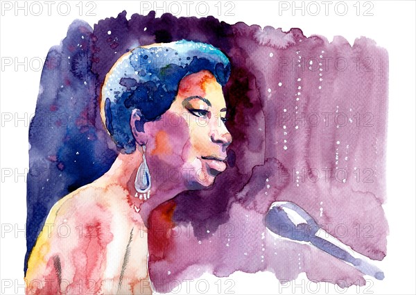 Watercolour illustration of Nina Simone plays piano