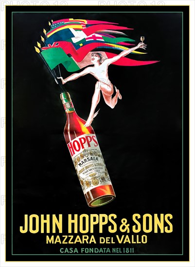1900’s Vintage Marsala drinks poster advertising by Mario Bazzi (1891-1954), JOHN HOPPS AND SONS First edition lithographic poster, 1923. in the style of Leonetto Cappiello European Flags Flying in a combined drinks project
