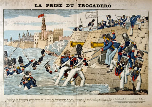 French illustration showing the Battle of Trocadero (Assedio del Trocadero) 1823). The French assault on Fort Trocadero was the only significant battle in the French invasion of Spain. French forces defeated the Spanish liberal forces and restored the absolute rule of King Ferdinand VII.