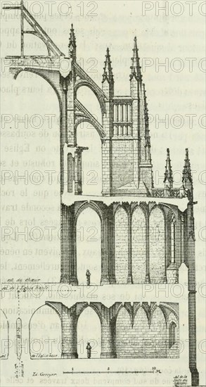 . Description de l'abbaye du Mont Saint-Michel et de ses abords : précédée d'une notice historique. sementsconsidérables ; ils ont formé la Crypte ou Église basse,laquelle reproduit avec une simplicité robuste et soutientles dispositions du chœur, sauf en ce qui concerne les cha-pelles latérales de la première travée que le rocher nepermettait pas détablir, et celles delà seconde travée, quisont remplacées par des citernes ménagées lors de la con-struction dans la hauteur des substructions (2). Les piliersronds et trapus, sans chapiteaux, reçoivent en pénétrationles retombées de la voûte et so