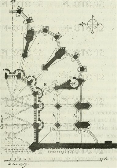 . Description de l'abbaye du Mont Saint-Michel et de ses abords : précédée d'une notice historique. roman ruiné, en 1421. Bienquil soit bâti tout engranit fort dur, ainsi que les autresbâtiments du Mont, il est très-délicatemènt ouvragé etil présente un très-bel exemple des édifices construitspendant les derniers temps de larchitecture ogivale. Parson plan, ses proportions et son style, ce Chœur diffèreabsolument de la Nef et des Transsepts romans.Ainsi quele dit Dom Jean Huynes(2), on voulait, au xve siècle, re-bâtir entièrement lÉglise selon la même ordonnée que leChœur nouveau; ce projet a