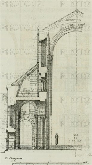 . Description de l'abbaye du Mont Saint-Michel et de ses abords : précédée d'une notice historique. H. — Plan dnae tra^..- de la Nef romane. i. La voûte qui existe aujourdhui est moderne; elle a été faiteaprès lincendie de 1 -. 23. — Ref: — Coupe transversale sur A-B. — État actuel.