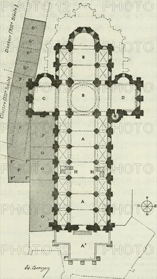 . Description de l'abbaye du Mont Saint-Michel et de ses abords : précédée d'une notice historique. gure 20 donne le plan de lÉglise après son achève-ment, en 1135, el des bâtiments abbatiaux à la mêmeépoque. Les lignes ponctuées indiquent : Au nord, lemplacement du Cloître et dn Réfectoire doxm° siècle (Merveille). .1 Vest, la silhouette do Chœur reconstruit au xvé siècle. Et à louest, les constructions faites par Robert deTorigoi fa 1154 à 1186. A est la nef de léglise : A — le parvis en avant du portail roman ;B — le clocher central;C — le transaepl nord-,D — le transsepl sud; E — le ctneii