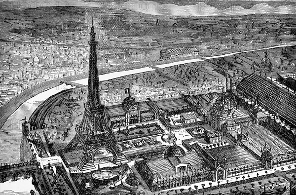An aerial view of the Paris Exhibition and Eiffel Tower built between 1887 to 1889 as the entrance to the 1889 World's Fair, on the Champ de Mars in Paris, France. The wrought-iron lattice tower is named after the engineer Gustave Eiffel, whose company designed and built the tower. It was initially criticised by some of France's leading artists and intellectuals for its design, but it has become a global cultural icon of France and one of the most recognisable structures in the world.