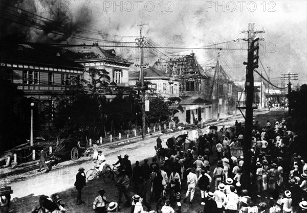The Great Kanto earthquake (????? Kanto daishinsai) struck the Kanto Plain on the Japanese main island of Honshu at 11:58 in the morning on Saturday, September 1, 1923. Varied accounts indicate the duration of the earthquake was between four and 10 minutes. The 2011 Tohoku earthquake later surpassed that record, at magnitude 9.0.The earthquake had a magnitude of 7.9 on the Moment magnitude scale (Mw), with its focus deep beneath Izu Oshima Island in the Sagami Bay. The cause was a rupture of part of the convergent boundary where the Philippine Sea Plate is subducting beneath the Okhotsk Plat