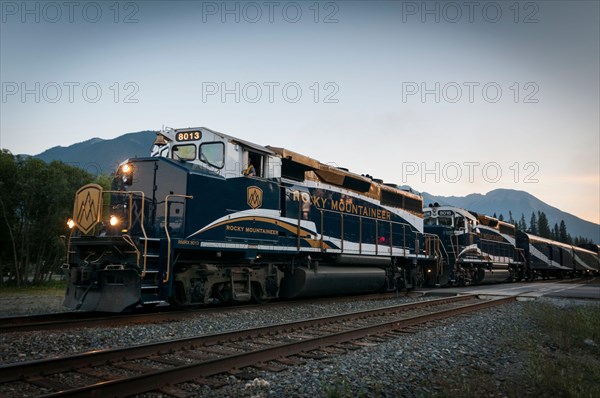 The Rocky Mountaineer train, Banff railroad station, Alberta, Canada. (Telegraph pole removed)