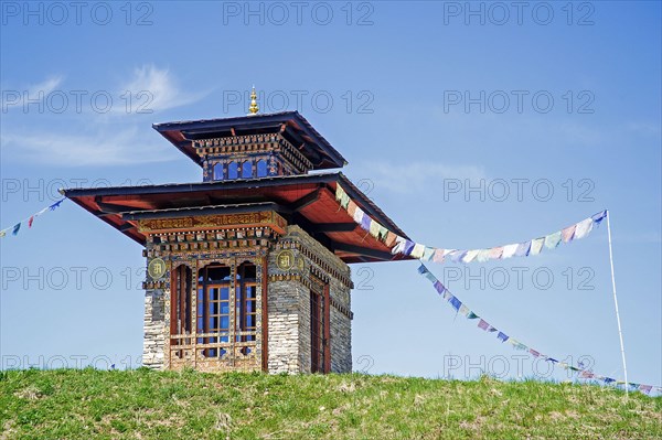 Bhutan temple at castle garden Dennenlohe, Germany, Bavaria, Middle Franconia, Mittelfranken