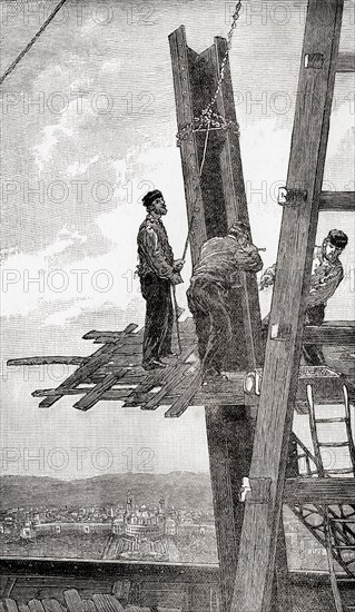 Workers placing a girder in position on the Eiffel Tower, Champ de Mars, Paris, France, late 19th century.  From Great Engineers, published c.1890