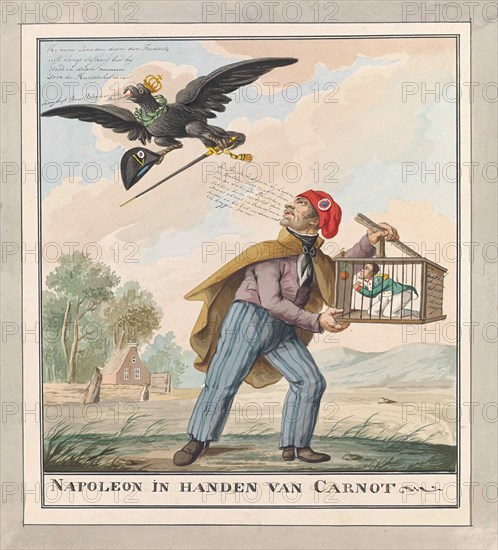 Napoleon caught by Carnot, 1815; Napoleon in the hands of carnot. Lazare Carnot, with Jacobian hat, holds a small figure of Napoleon caught in a rat trap. In the fall there is an orange apple as bait. The Prussian eagle flies away with the stitch and sweetheart from the emperor. Cartoon on the fall of Napoleon after the defeat at Waterloo on June 18, 1815.