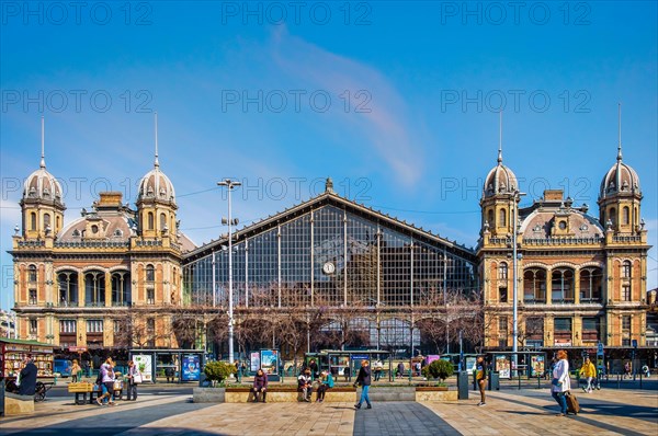Budapest, Hungary, March 2020, view of the facade of Nyugati Railway Station one of the three main railway terminals of the capital.