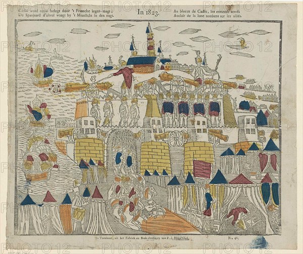 In 1823 / Cadix becomes closely invested by 't Fransche Army-Magt, / De Spanjaard d'lift dares to venture in Den Nagt / au blooms the Cadix, Les Ennemis Serrés / Auclair de la Lune Tombent sur les Alliés. The Battle of Trocadero in Cadiz on August 31, 1823. Soldiers guard a Ford on the coast. Numbered at the bottom right: No. 46.