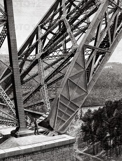 Construction of the Garabit viaduct, built by Eiffel, France. Europe. Old 19th century engraved illustration from La Nature 1888