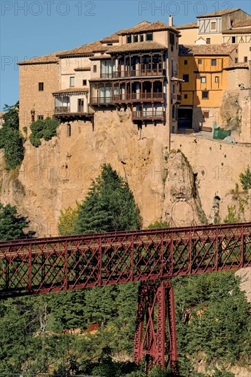 Casa Colgada or Hanging Houses, now housing the Museum of Spanish Abstract Art and el Saint Pablo bridge in Huecar river, Cuenca city, la Mancha Spain