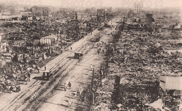 Japan Earthquake 1923: The ruins after the quake-fire at Ningyocho street, one of the thriying quarters of Tokyo